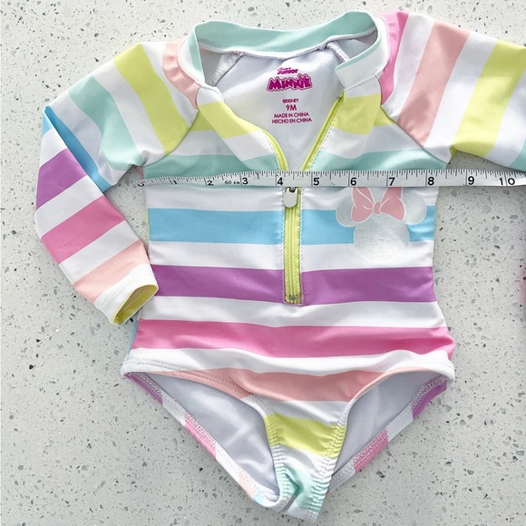 Disney Rashguard Minnie Long Sleeve Striped Swim One Piece Suit 9 Month - Picture 2 of 4